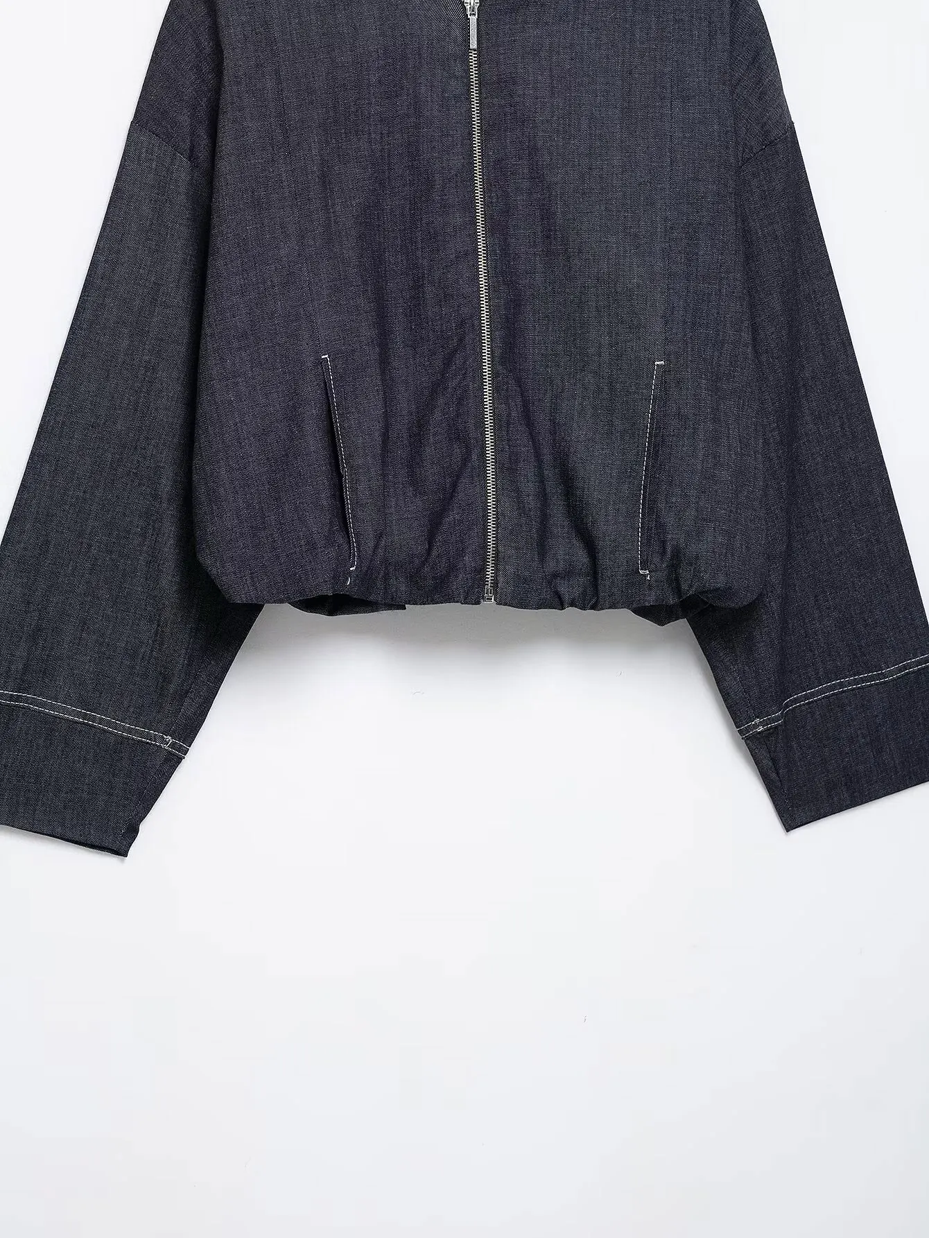 HH Neue Street Fashion Denim Bomber Jacke Für Frauen Einfarbig Stehkragen Zipper Mit Tasche Ballon Stil Kausalen Mäntel – Detail 7