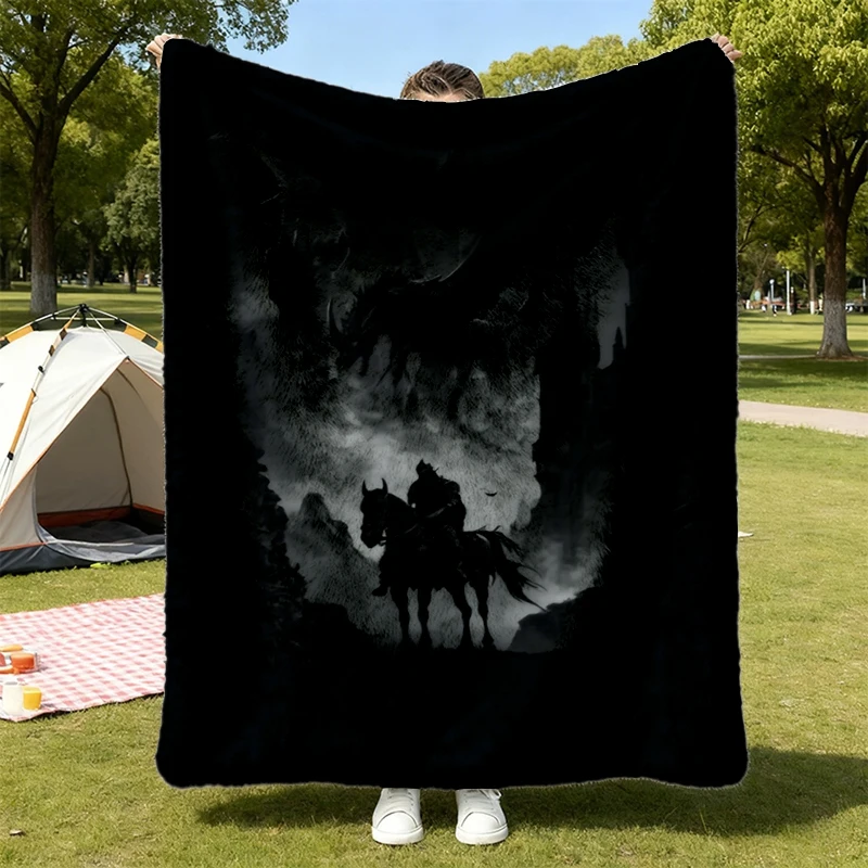 Knight on Horse Dragon Attack Comfort Flannel Blanket, Medieval Fantasy Castle Flannel Throw