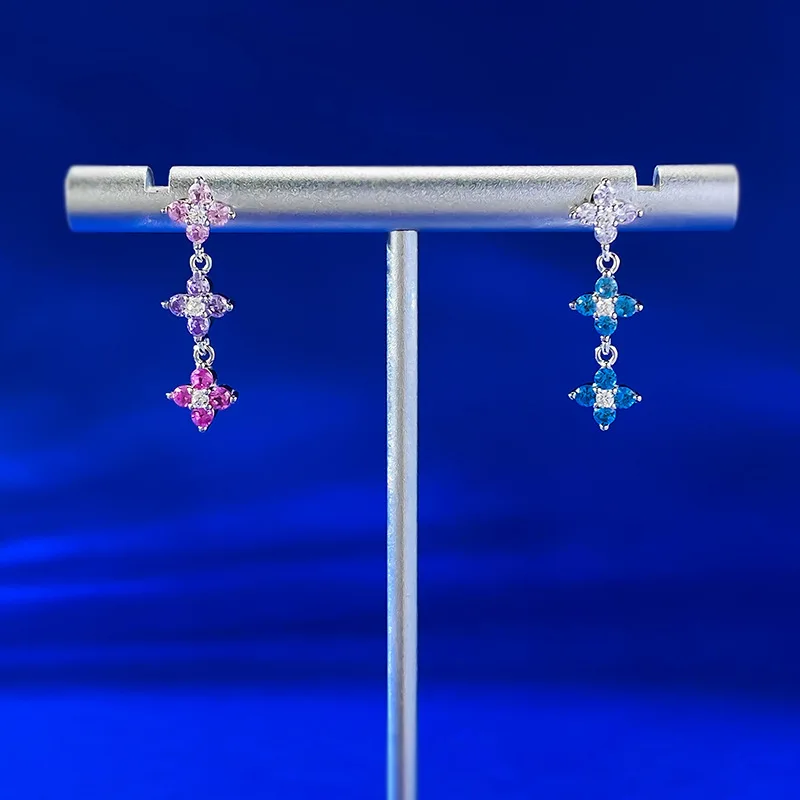 S925 Sterling Silver Summer Boho Beach Cubic Zirconia multi color flower earring