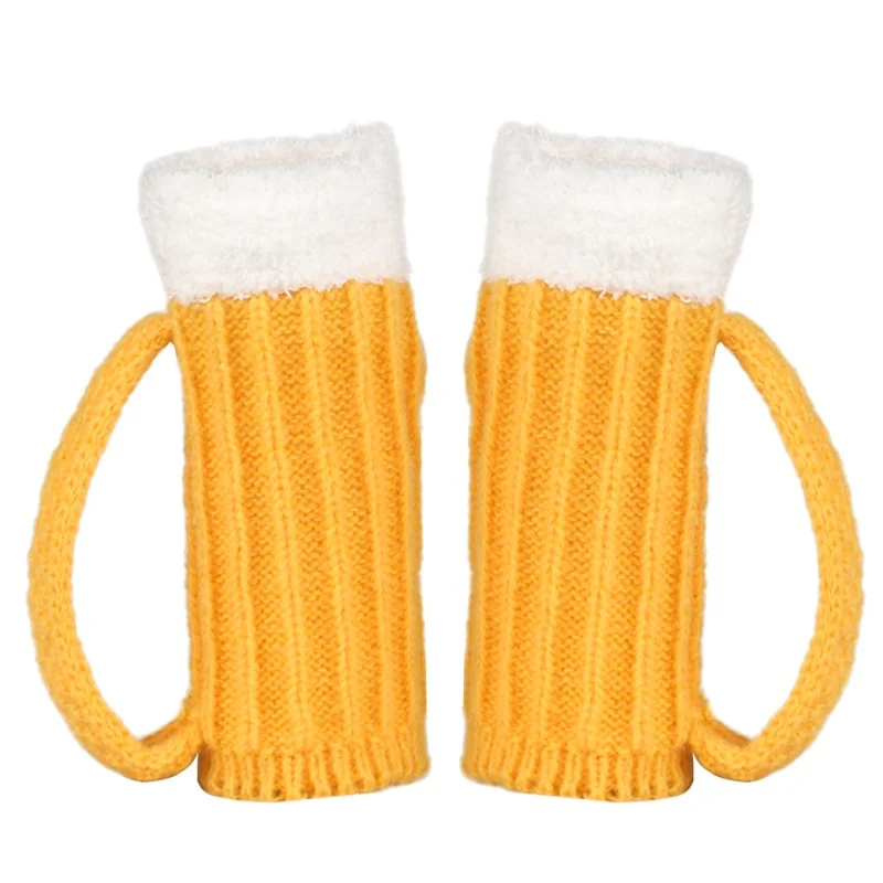 3D Bierpul Handschoenen Unisex Halve Vinger Warme Gebreide Handschoenen Gele Bierglas Handschoenen Winter Gebreide Wanten Grappige Bierbeker Handschoenen Gif