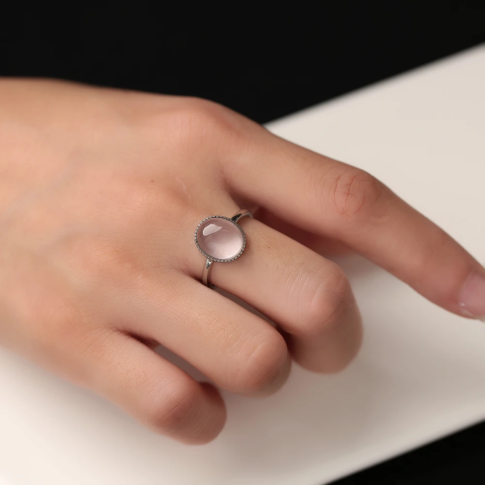 Anello al quarzo rosa naturale Solido argento sterling S925 11x9mm Pietra rosa Filigrana Halo Band Promessa Gioielli Birthstone Regalo