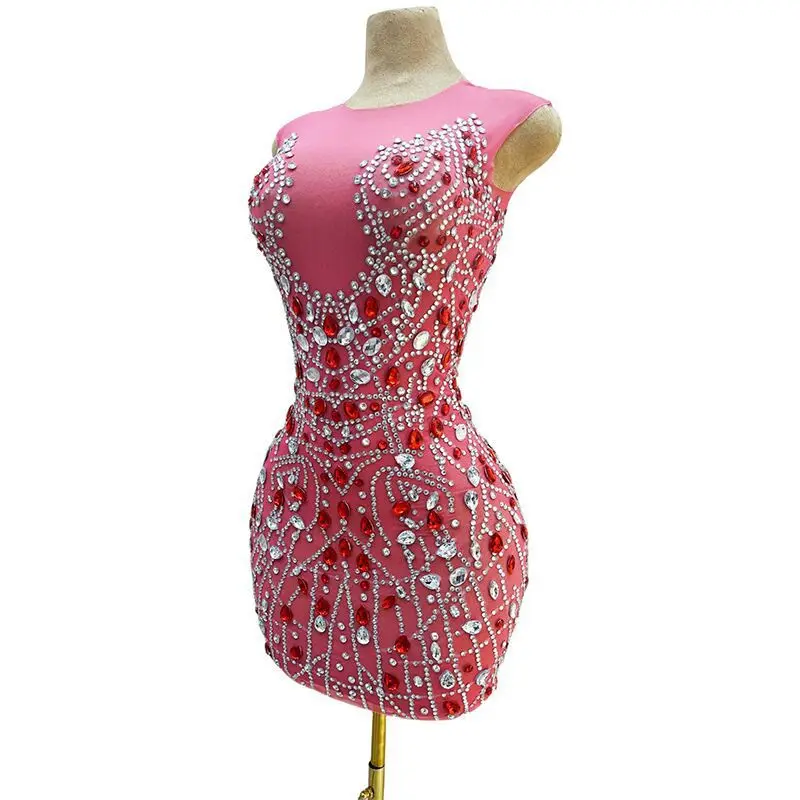 Girl powder fashion slim fit shiny rhinestone dress cocktail birthday party evening dress short skirt performance dress red dus