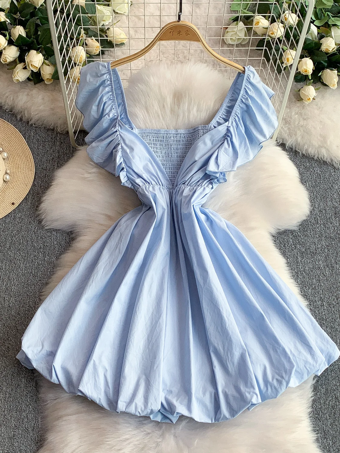 Vestido de princesa f com cintura elástica, sexy, decote em v profundo, verão, manga elástica, cintura alta, linha a, ...