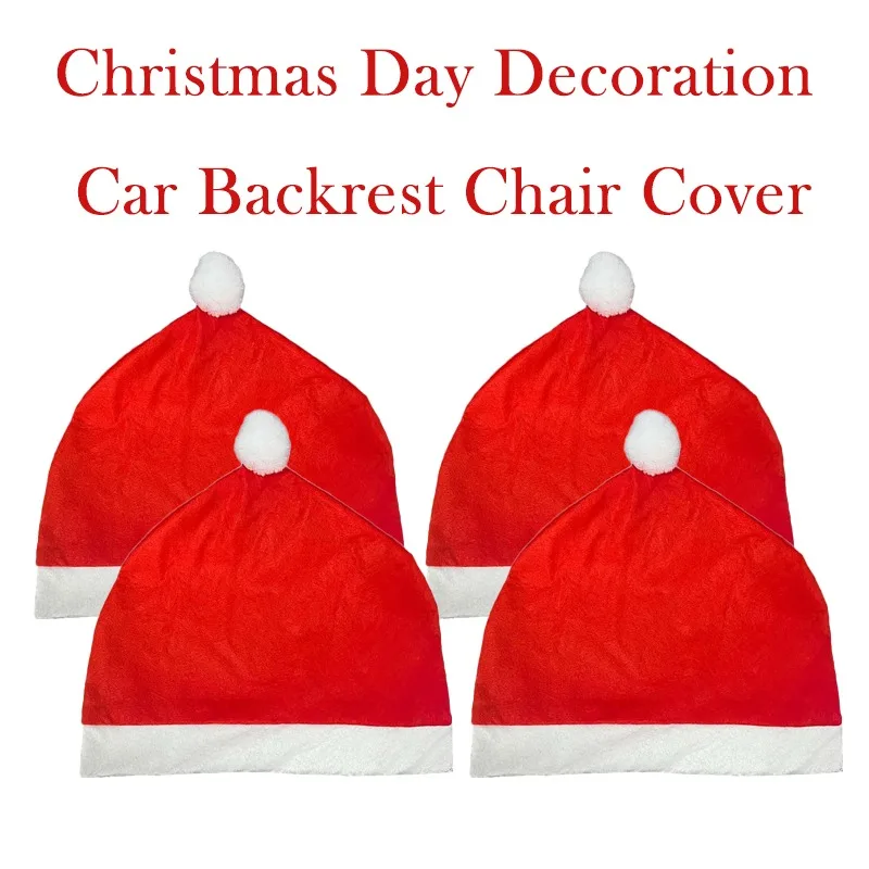 

Velvet Fabric Material Red Christmas Hat Car Chair Set Christmas Festive Atmosphere Ornaments Car Backrest Chair Set Ornaments