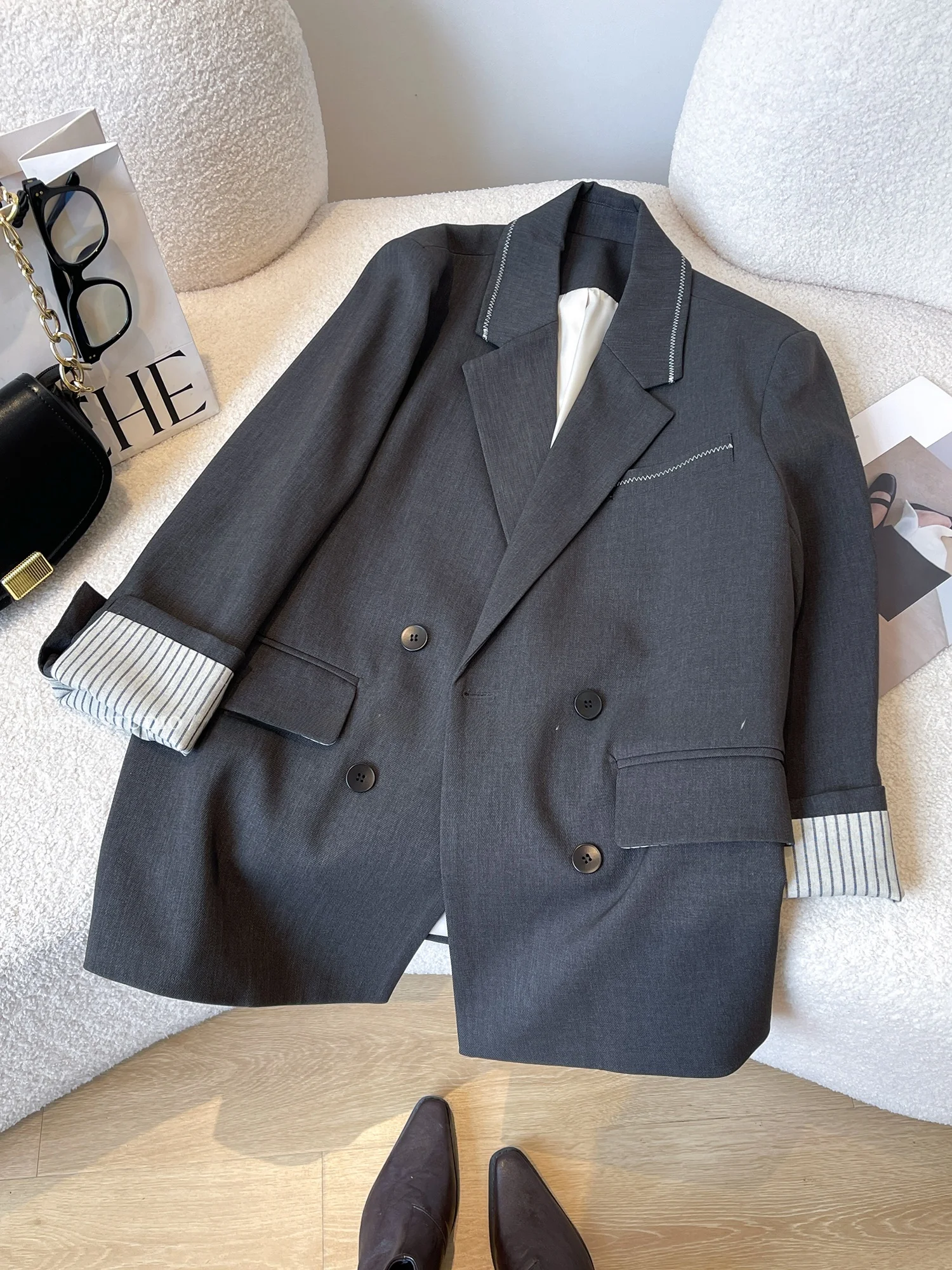 

Gray Suit Jacket Women's Casual Design Sensation Small Audience Elegant Versatile Leisure Small West Clothes Trendy Top