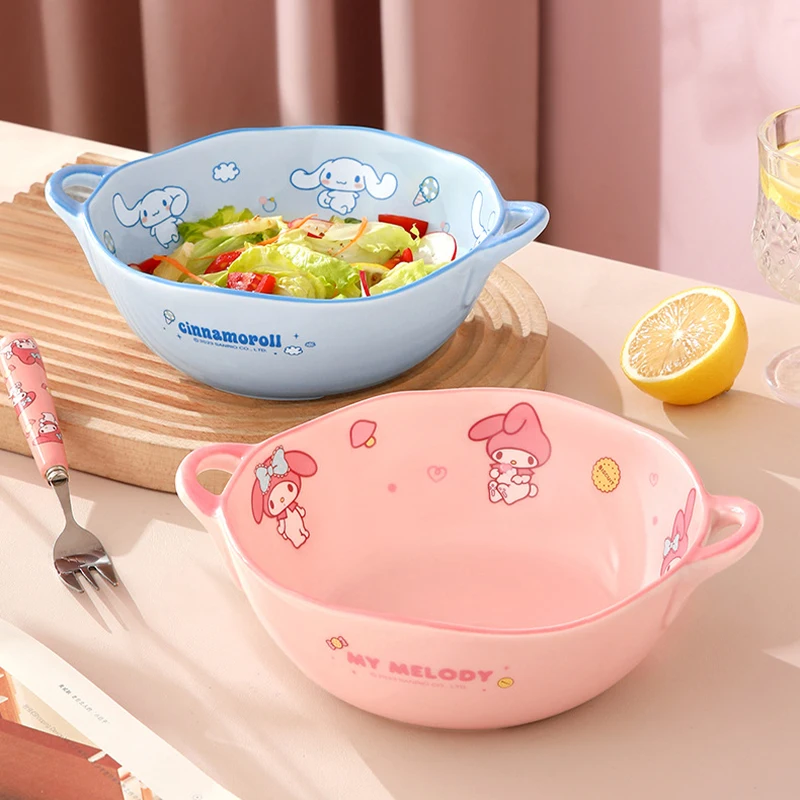 

Sanrio Kawaii My Melody Ceramics Double-ear Soup Bowl Cinnamoroll Anime Cartoon Fashion Household Yogurt Salad Fruit Noodle Bowl