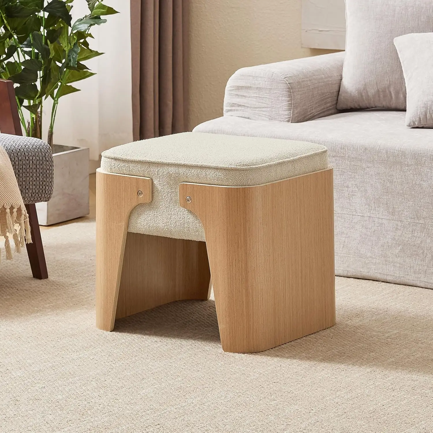 

18.3" Mid Century Square Foot Stool - Upholstered Wood Leg Ottoman for Living Room Bedroom Beige