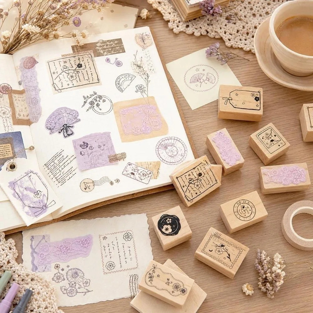 16pcs Clear Imprint Wooden Rubber Stamp Set Moon Cloud Scenery Delicate Carving Decorative Wood Stamp Rectangle Stamp Set