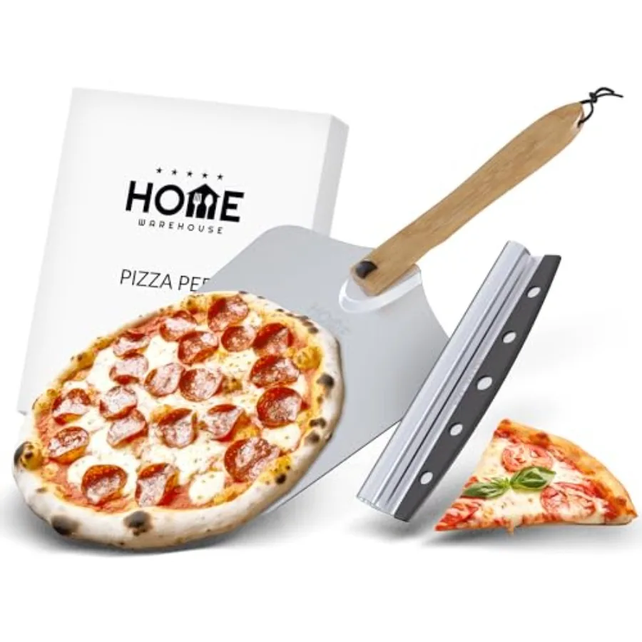 

Home Warehouse Pizza Making Kit - Stainless Steel Pizza Peel with wooden handle and Pizza Cutter - Seamless Design - For Pizza