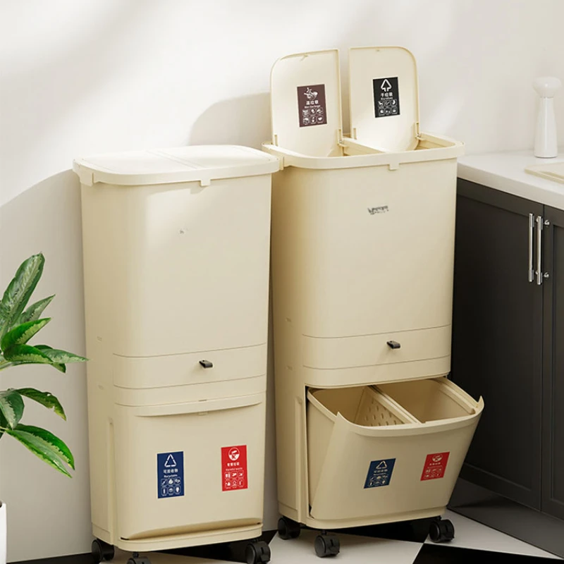 

Kitchen trash can, household large press type, cream air with pulley, multi-layer dry and wet separation trash can