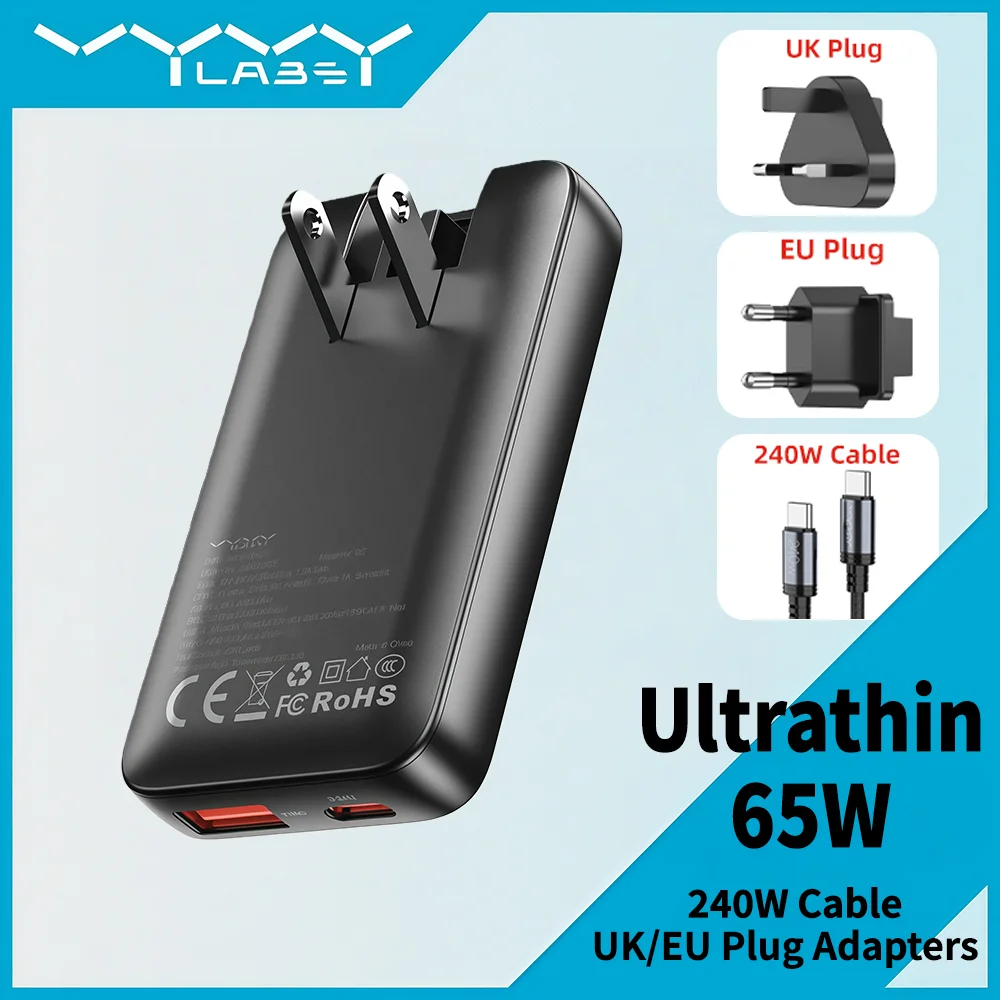 Vyvylabs 65W Ultra Thin GaN Travel Charger EU/UK/US Multiple Plug Portable USB Type C Charger for iPhone Samsung Macbook Laptop