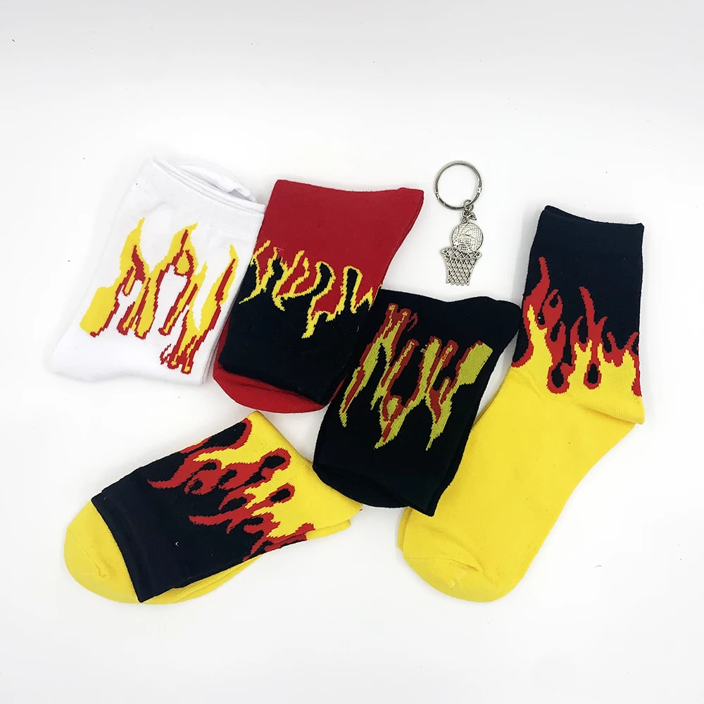 Men Fashion Hip Hop Hit Color on Fire Crew Socks Red Flame Blaze Power Torch Hot Warmth Street Skateboard Cotton  Socks Cool