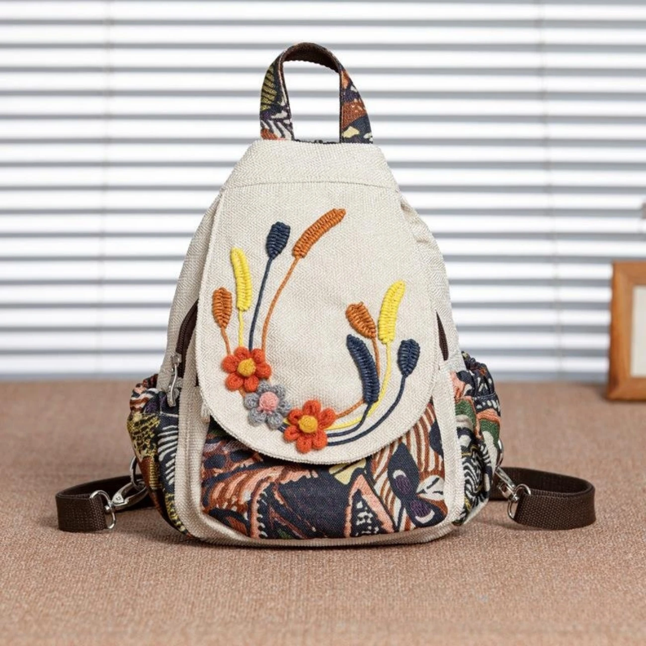 Mochila feminina versátil de estilo étnico, saco de cânhamo de algodão com zíper casual, lona artística, moda retrô