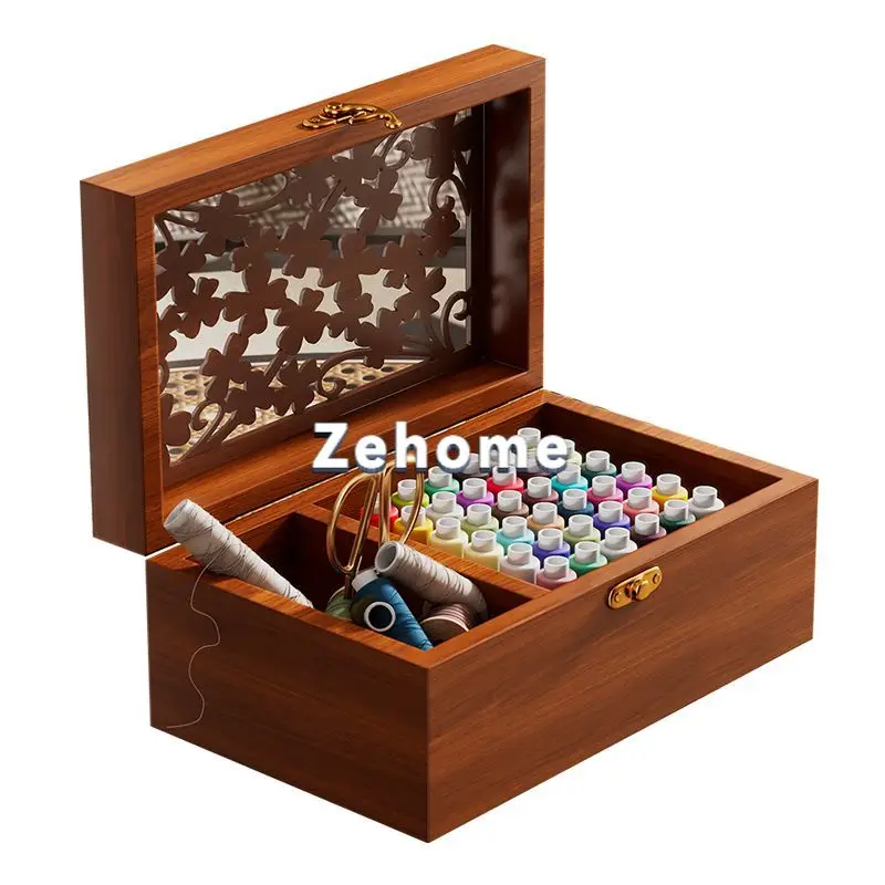 High-end solid wood sewing box set, household clothing DIY sewing kit, multi-functional wedding dowry portable storage box