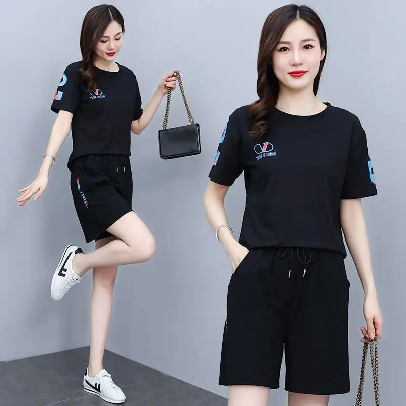 Women's Casual Short-sleeved Suit 2023 Summer New Plus Size Clothing Fashion Crop Tops Shorts Two Piece Set For Women Sweatshirt