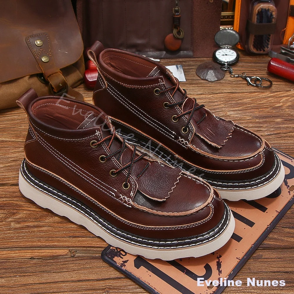 

New Winter Genuine Leather Boots Men Fleece Lined British Style High-top Lace-up Casual Boots 2026 Trendy Retro Work Boots