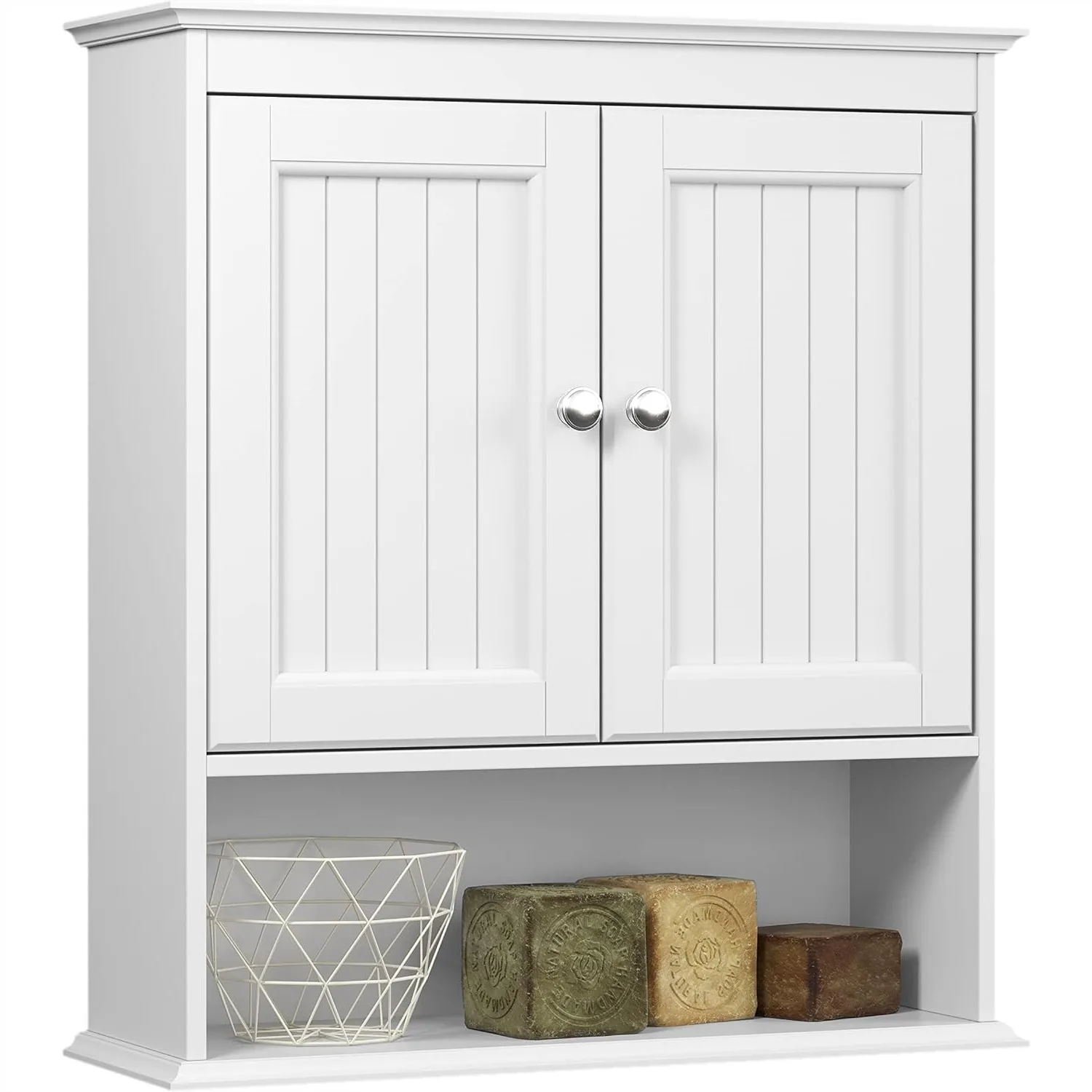 

Bathroom Wall Cabinet with Beadboard Doors, White, Adjustable Shelf, Open & Concealed Storage for Toiletries and Towels