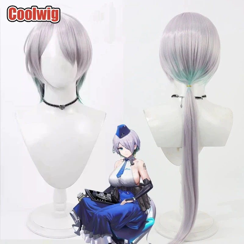 

Coolwig Synthetic Hair Brid Cosplay Wigs Game Nikke The Goddess of Victory Brid 90cm Silver Gray Mixed Green Wig Heat Resistant