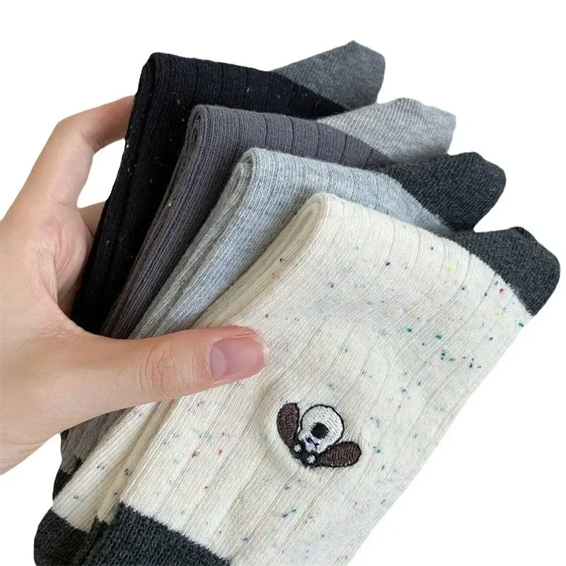 Kaos Kaki Bordir Anjing Kartun Lucu Gaya Korea Wanita Pola Titik Blok Warna Katun Setengah Betis Modis Gaya Jepang Panjang