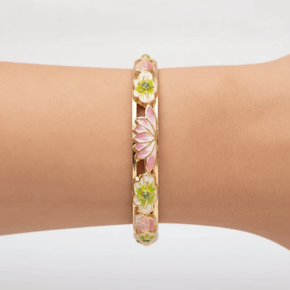 Elegant Enamel Floral Bangle Chinese Style Gold Plated Hollow Out Bangle Rich Colors Handmade Cloisonne Bangle Women