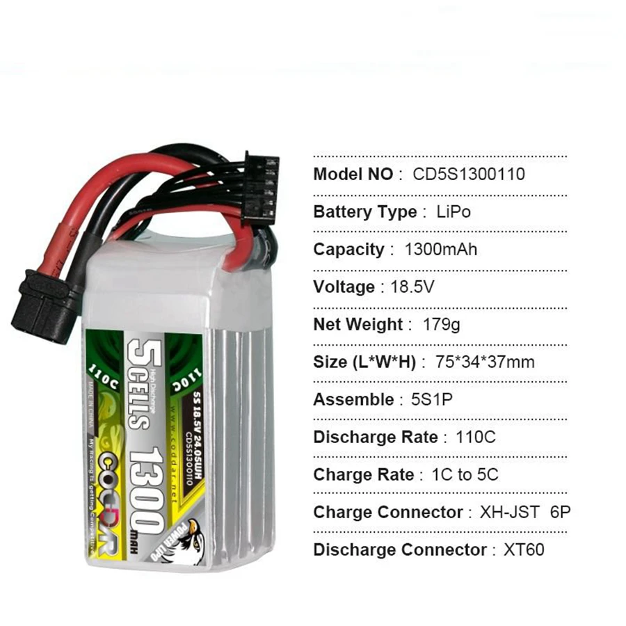 CD5S1300110 1300MAH 5S 18.5V 110C Long Endurance Time-traverser Rechargeable Lithium Battery Pack