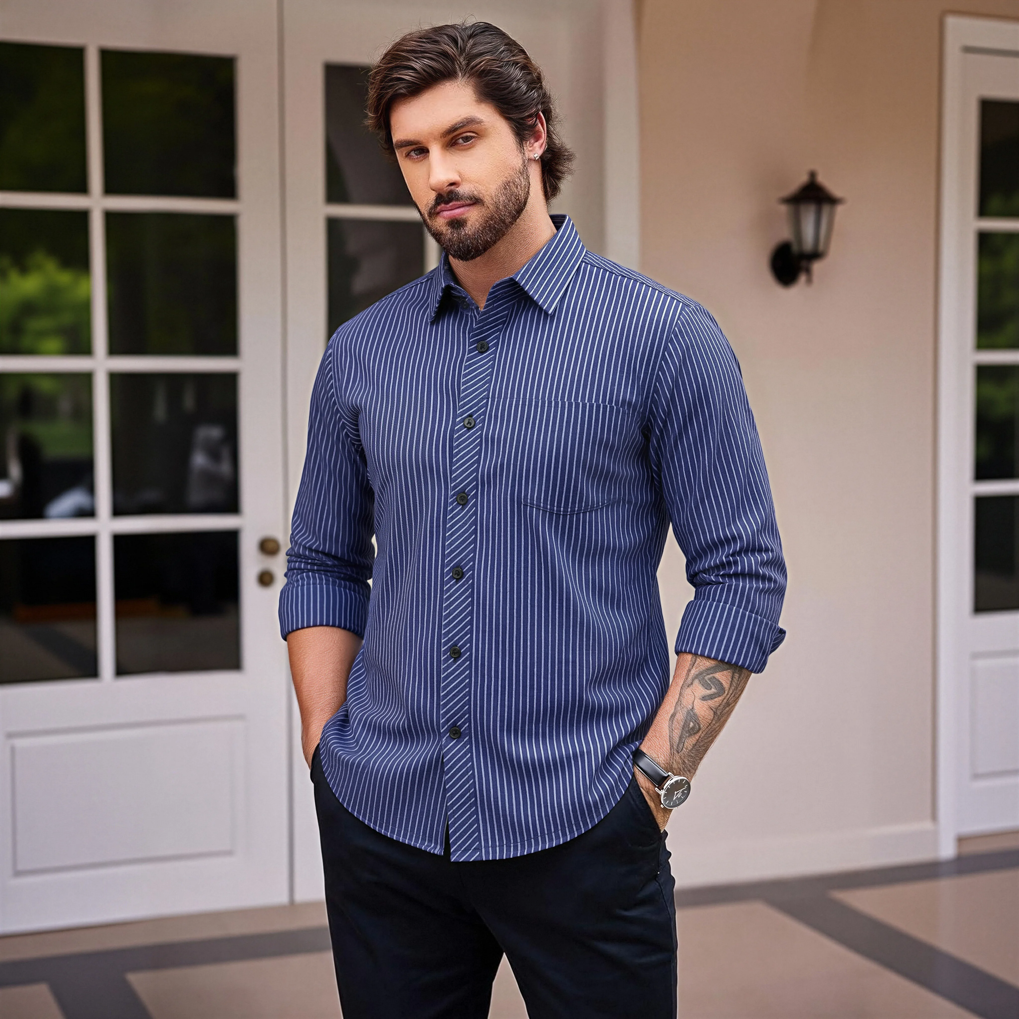 Men's long-sleeved striped workwear shirt, suitable for spring, autumn, casual wear, versatile and comfortable, fashionable.