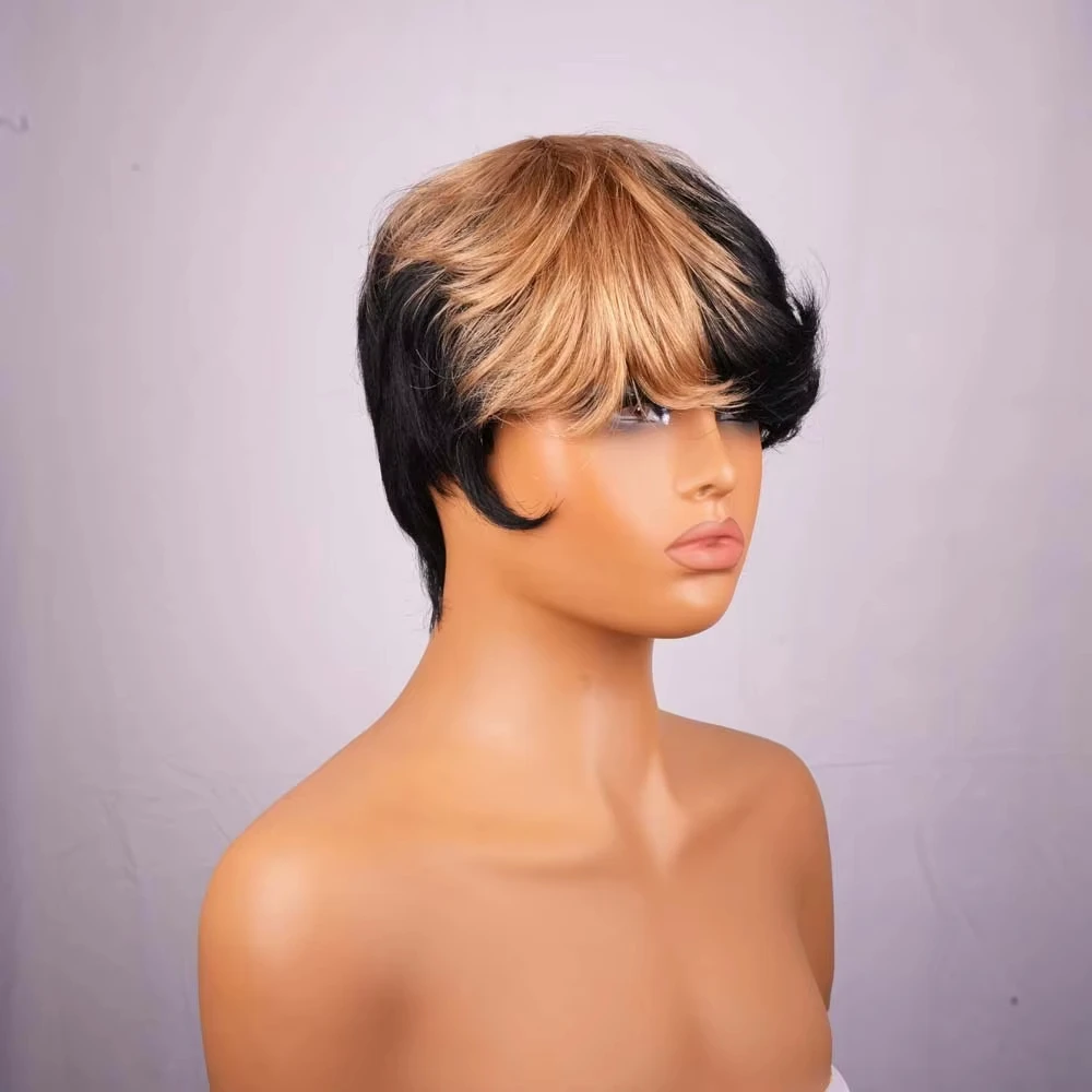 

Короткий парик с стрижкой пикси, человеческие волосы для женщин, золотой машинный парик из человеческих волос Remy, цветной парик с челкой