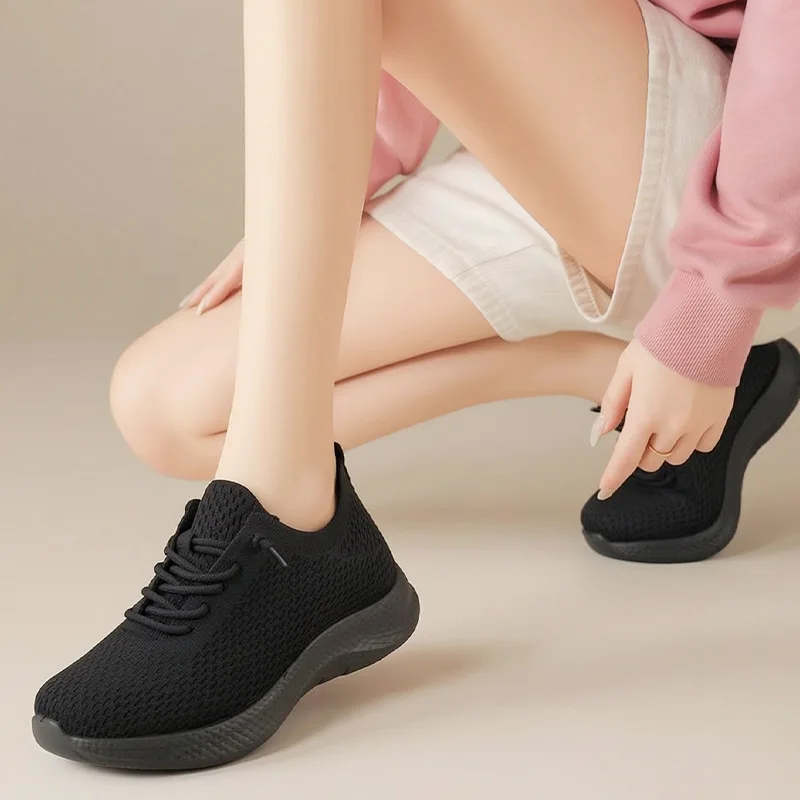 Summer Ladies Breathable Mesh Walking Shoes Non Slip Light Elastic Shoelace Soft Sole Knit Casual Sneakers For Daily Outdoor view 3