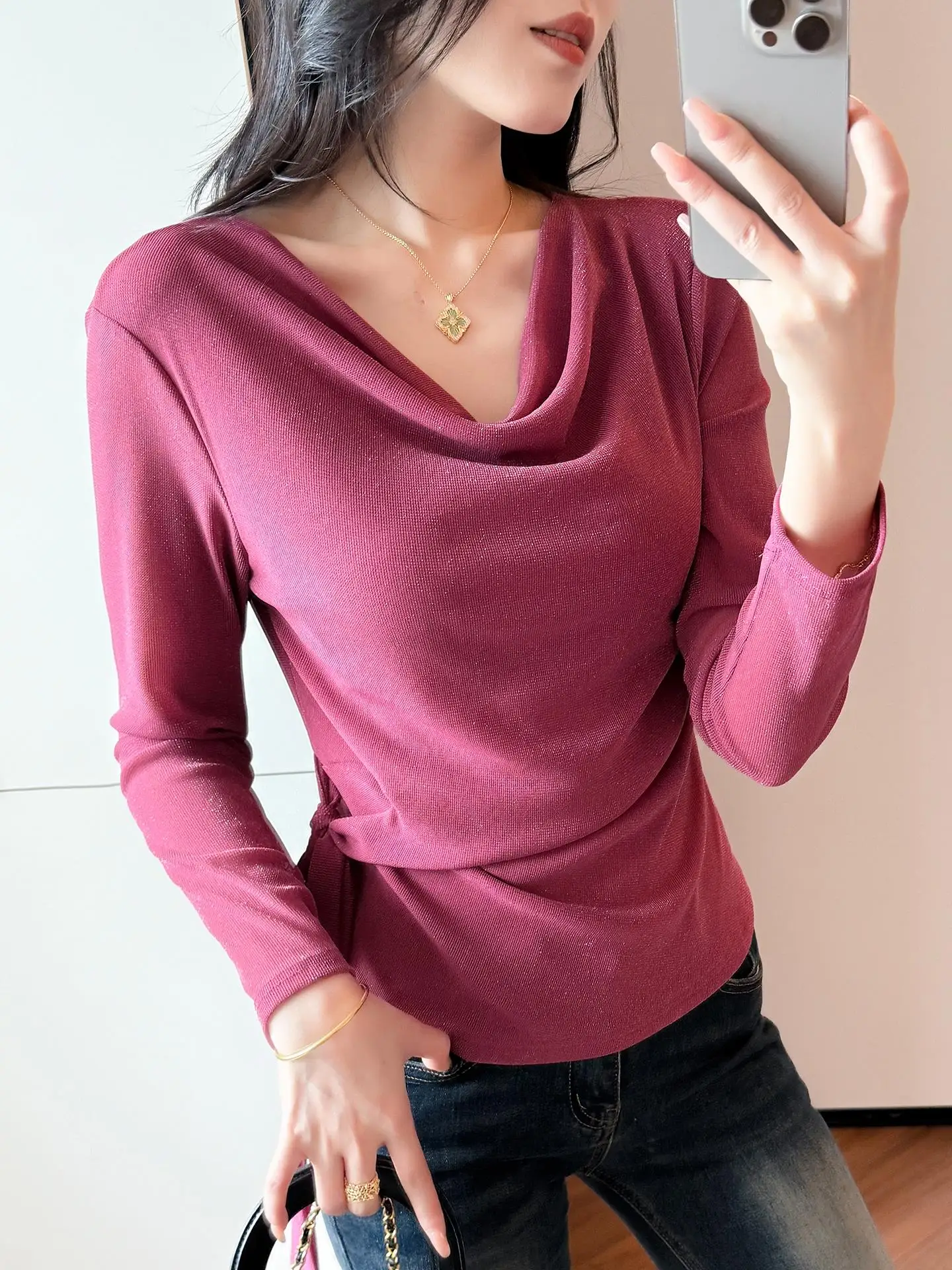 

Ele Sexy V-Ne Lace T-irt Women Long Sve Knot Design Base irt Faionable All Seasons Color Autumn Winter
