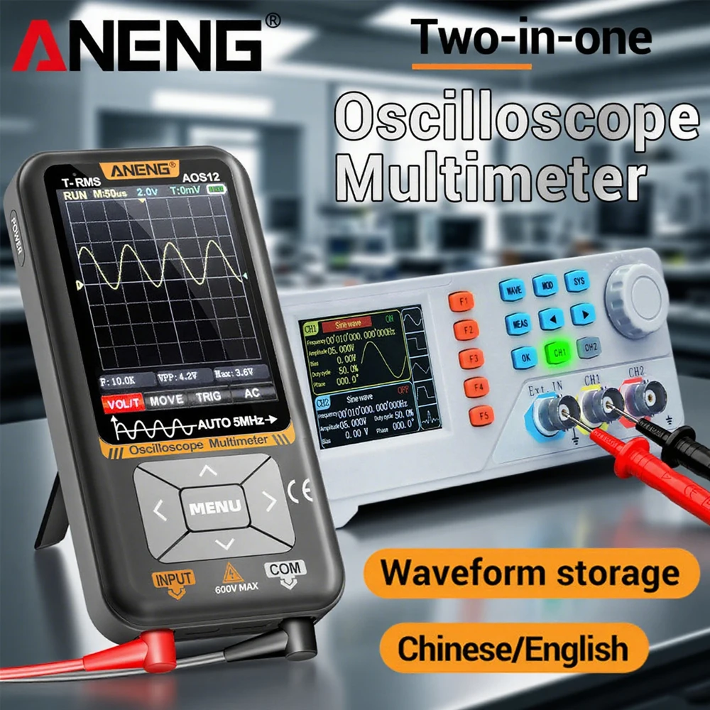 

2in1 Oscilloscope Multimeter ANENG 1-Channel AOS12 Scope Kit 5MHz 64-bit with USB-C Charge for Car DIY Electronic Repair Tools
