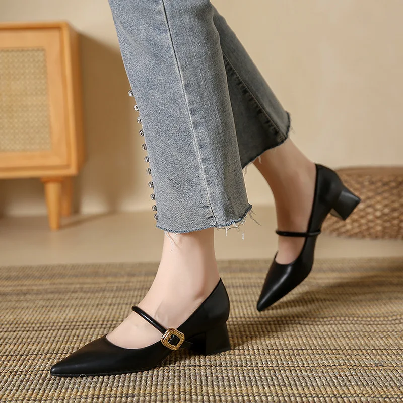 Retro French style single shoe women's new pointed middle heel women's shoes thick heels summer high heels