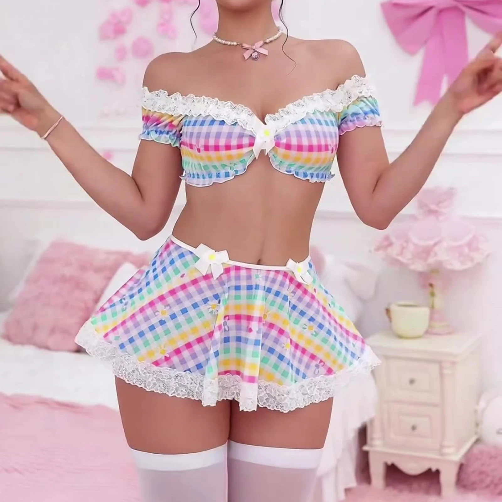 منقوشة قمم ثونغ تنورة صغيرة جوارب الزي المرأة المثيرة المشاغب الملابس الداخلية مجموعات قبالة الكتف