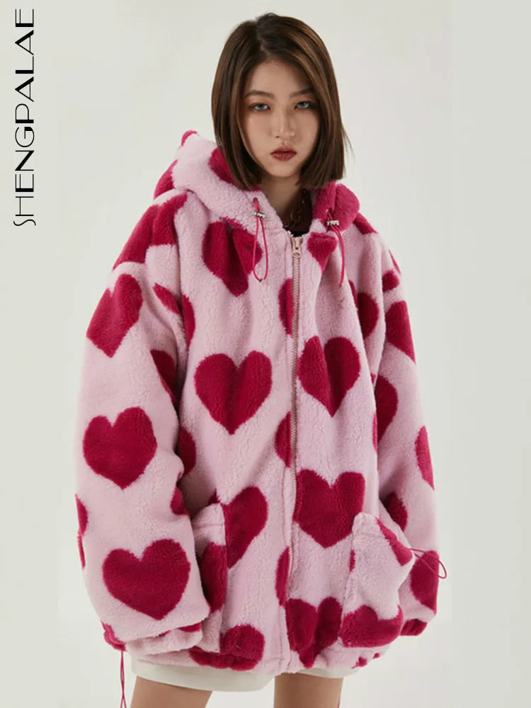 SHENGPALAE Harajuku Heart Full Print Plush Jacket Women autumn 2024 Korean Loose Long Sleeve Hooded Cotton Coat Thick Warm 5A956