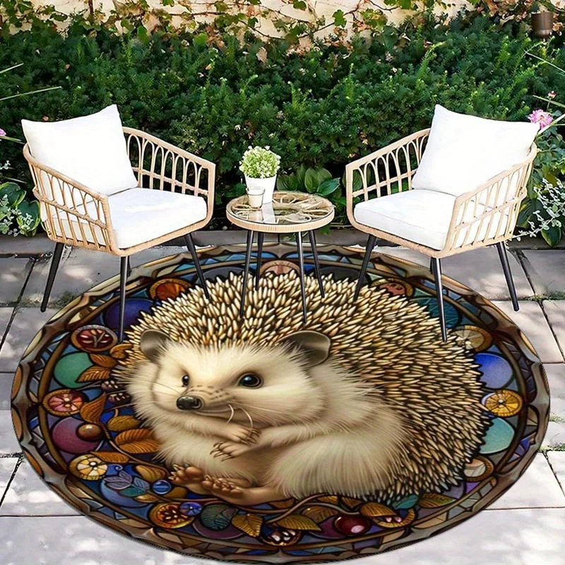 Retro Hedgehog Round Rug, Charming Non-Slip Mat for Patio, Garden, Bedroom, Living Room, Vintage Style Decor