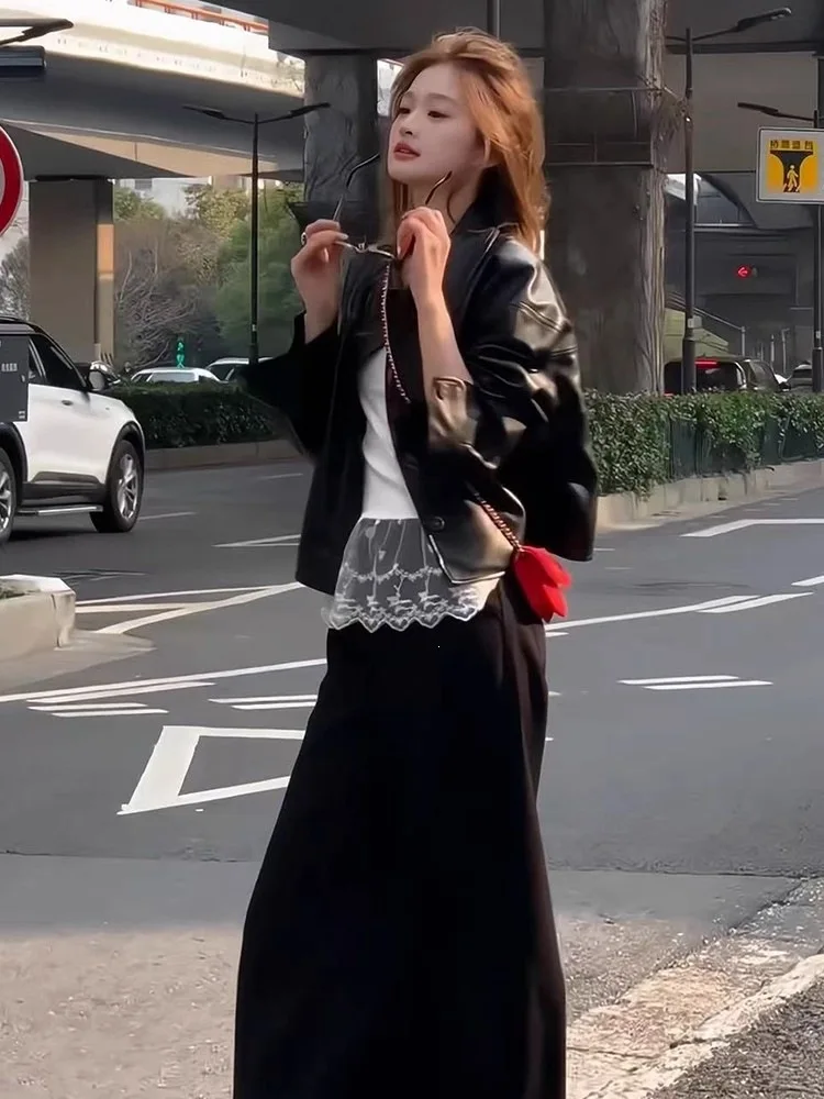 Women Faux Leather Coats Solid Jacket Turn Down Collar Long Sleeves Single Breasted Loose Moto Streetwear 2026 Autumn Winter