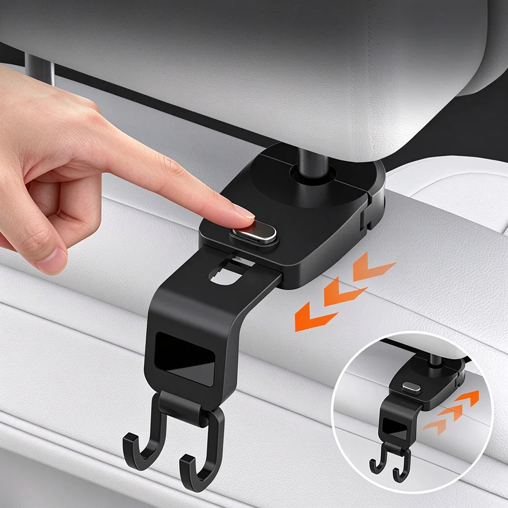 2Pcs One-Touch Retractable Car Headrest Hooks Buckle Lock, Widely Compatible Seat Back Hanger Organizer Holder Auto Interior