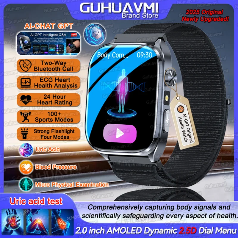 

Смарт-часы с разрешением AI-GPT 2025 года, точные ЭКГ, мужские часы, анализ сердечного здоровья, липиды, мочевой кислоты, фонарик, Bluetooth-вызов, умный браслет