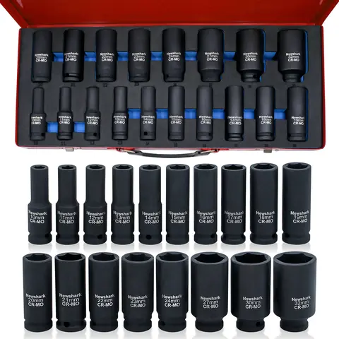 18pcs Socket Set, 1/2 Inch Drive Metric Deep Impact Impacted Sockets 6 Sided, 10mm-32mm