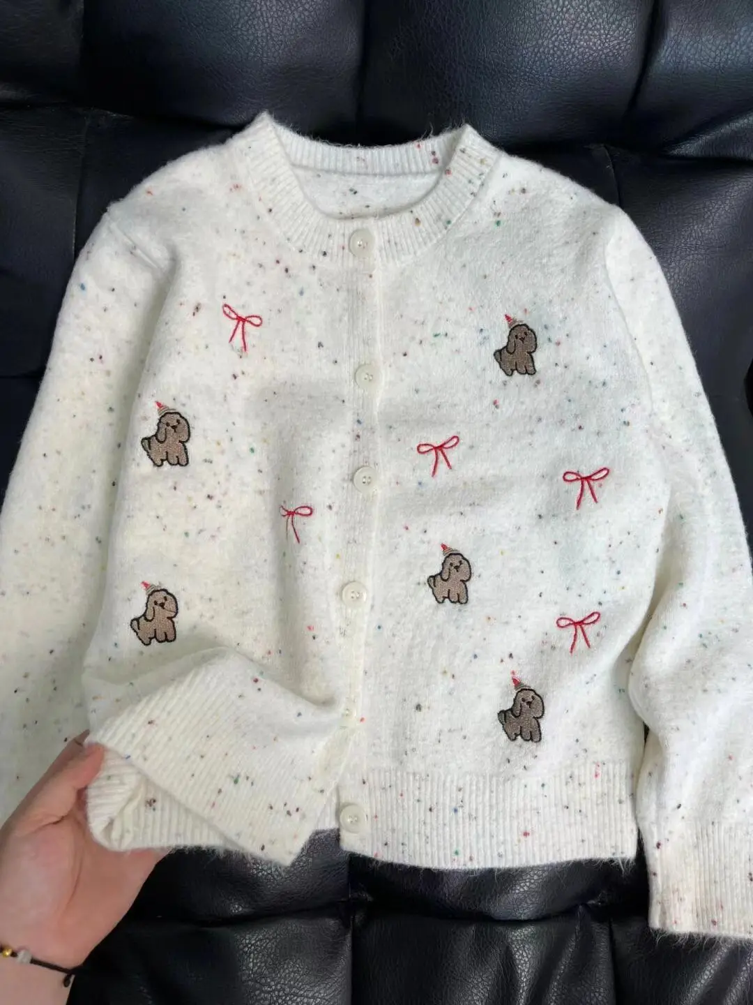 

Sweet Kawaii Long Sleeve Y2K Korean O Neck Gray Cardigan Knitted Women Sueter Mujer Sweaters Bow Cartoon Print