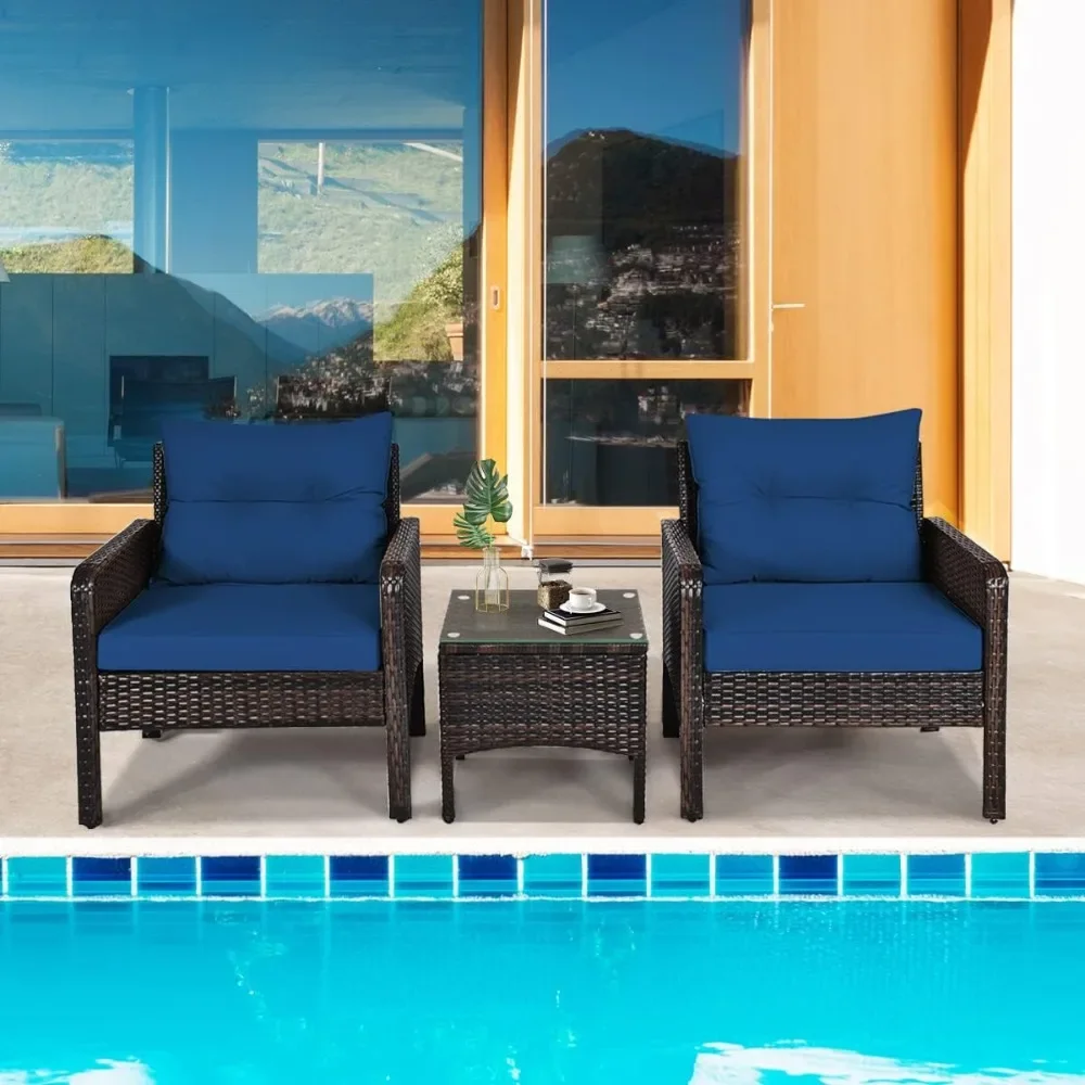 

3-piece Terrace Furniture Set, PE Rattan Outdoor Conversation Set, with Glass Topped Coffee Table and Thick Mat