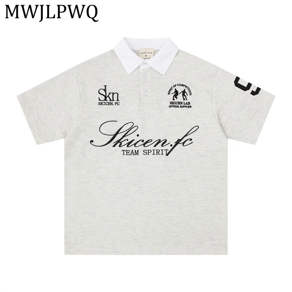 

MWJLPWQ American Street Style Letter Embroidered Short-Sleeve Shirt For Men Summer Sports Tops Ins Loose Casual Lapel Tee 15216