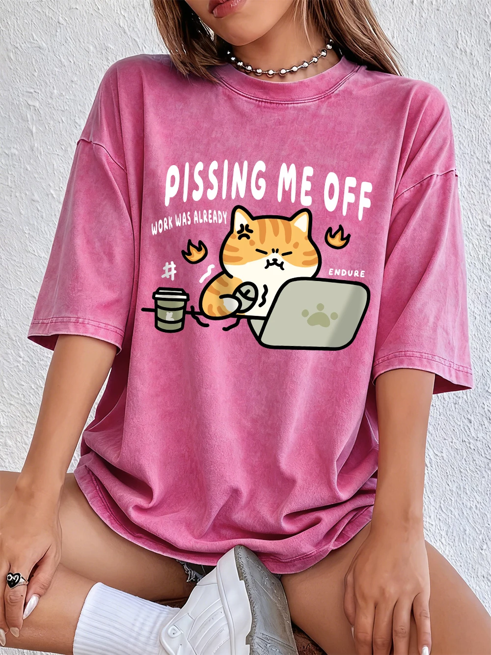

Pissing Me Off Cat Printed Washed T-Shirts Womens Cotton Short Sleeve Tops Hip Hop O-Neck Oversized T Shirt Summer Trend Clothes