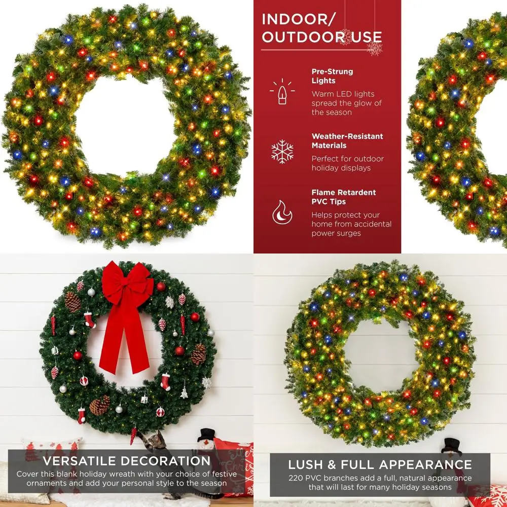 

30-дюймовый большой рождественский венок из сосны с предустановленной подсветкой, 100 разноцветных лампочек и 220 ветками из ПВХ