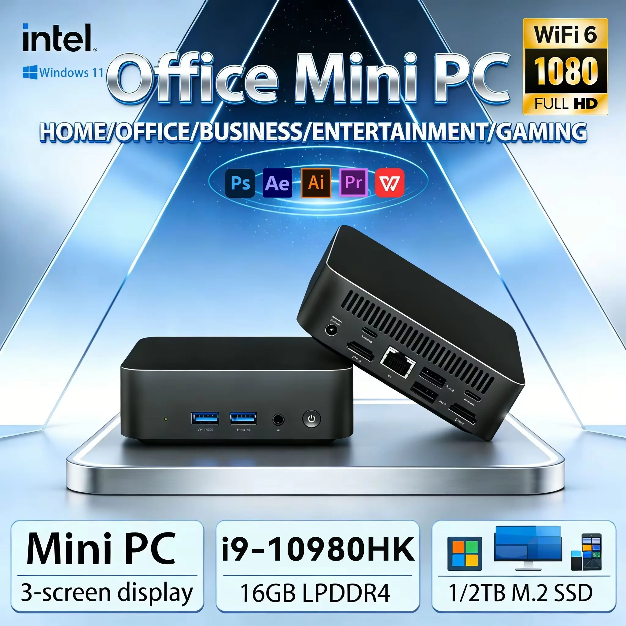

Mini PC Intel Core i9 10980HK 16GB RAM 1/2TB SSD Windows 11 WiFi 6 3-Screen Output 1080P Full HD Compact Mini Desktop Compu