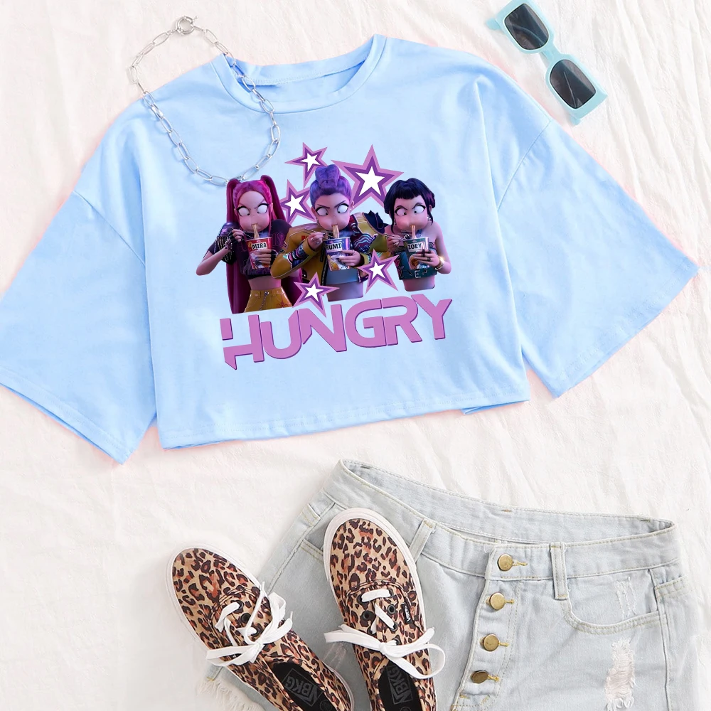 Kpop demon hunter colheita topos saja meninas fã camisa moda feminina colheita t camisa presente para o fã de huntrix