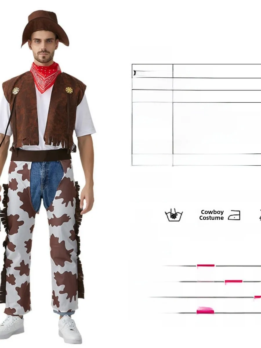 زي رعاة البقر الغربي للرجال البالغين، زي تنكري للهالوين، زي للعب الأدوار، زي مسرحي تقليدي عرقي من البوليستر