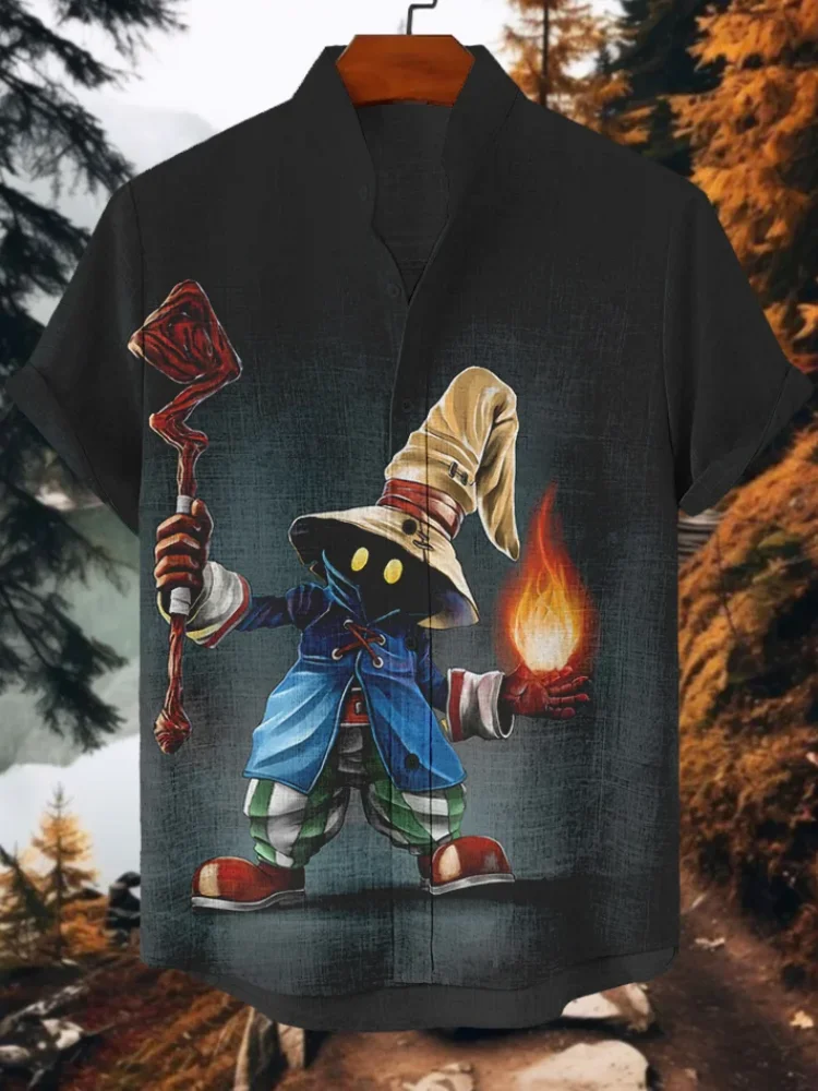 

Специальные рубашки для фестиваля Хэллоуина, мужские рубашки с короткими рукавами и принтом загадочного мага, повседневные свободные топы с воротником-стойкой, мужские топы ужасов