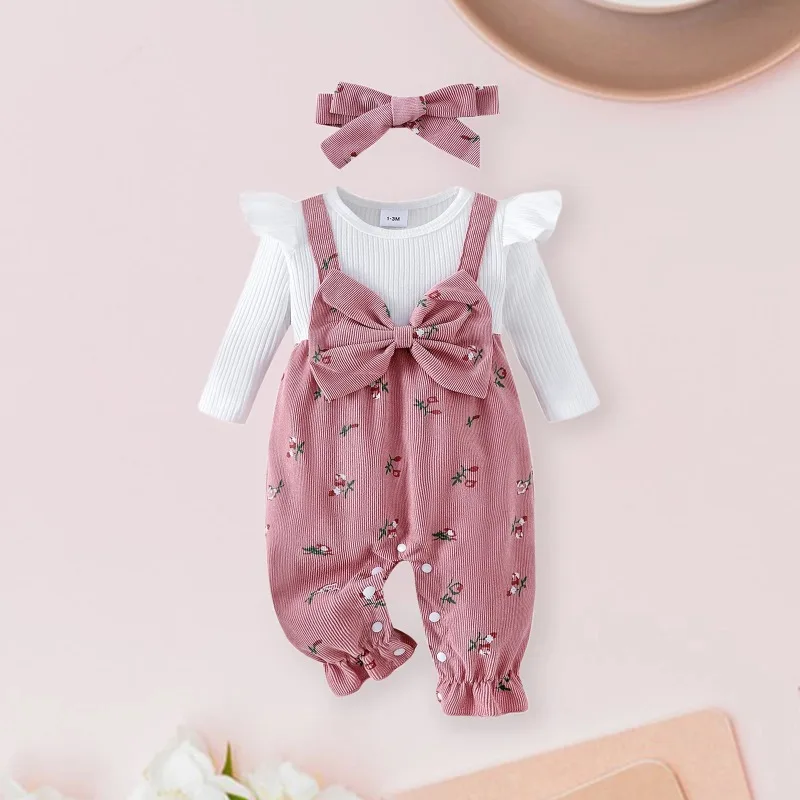 ZOETOPKID Autumn Infant Baby Girls Long Sleeve Romper Floral Print Patchwork Bow Jumpsuits Cute Headband Clothes Set