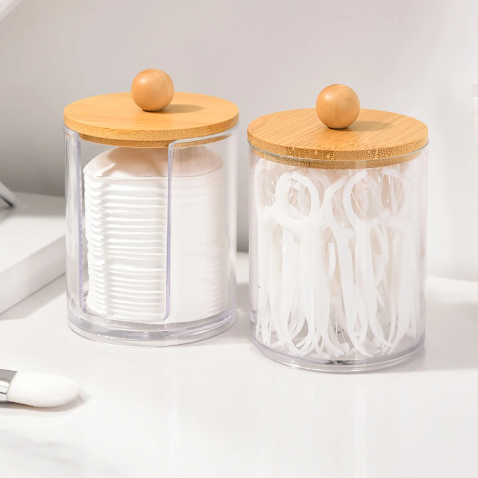 1/3pcs Qtip Holder Dispenser with Bamboo Lid Clear Black Cotton Ball Swab Cotton Round Pads Bathroom Apothecarey Jar Set