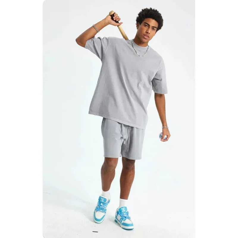 ACOMOSON High Quality Unisex 250G Cotton Tshirt Set Washed Worn Dyed Shorts and Tshirt Set Fashion Brand Men Women Suits